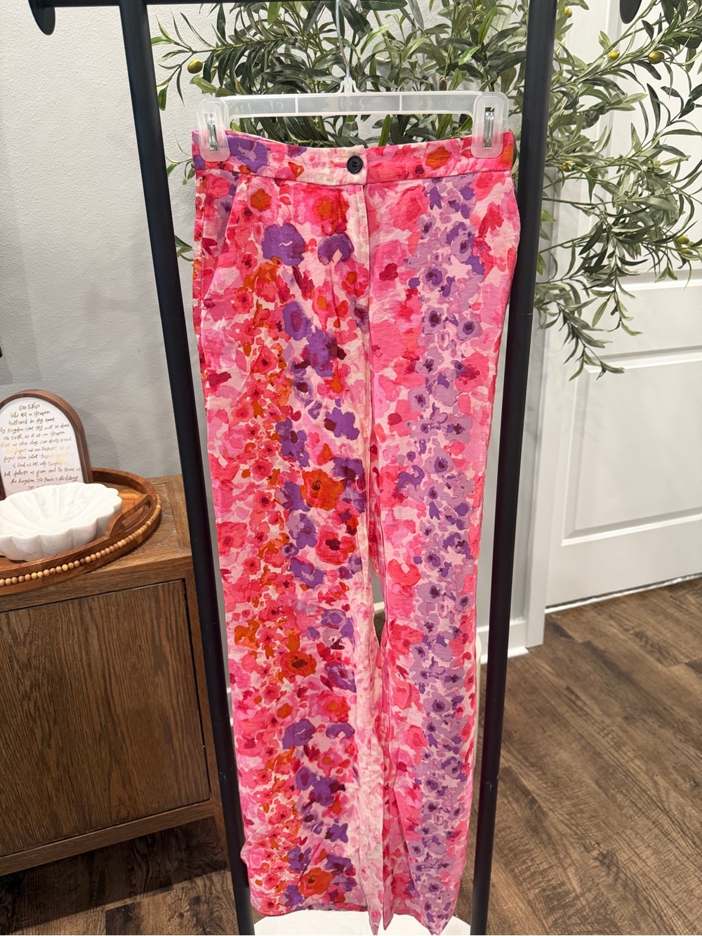 H&M Pink and Red Floral High-Rise Wide Leg Pants